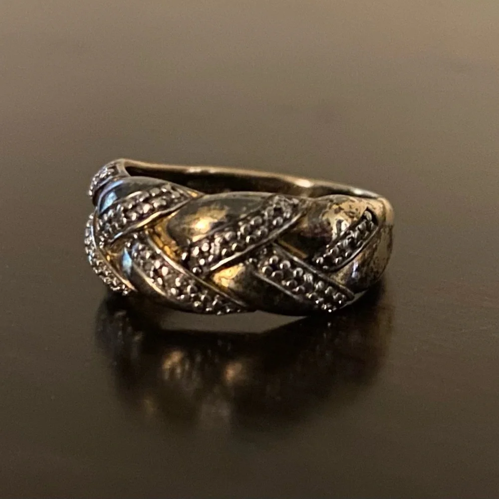 Bold .925 Sterling Silver Gold Vermeil Diamond Chip Band Ring | Size 6.5